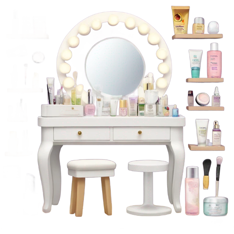White vanity with a lot of skincare and makeup with lights on the mirror emoji