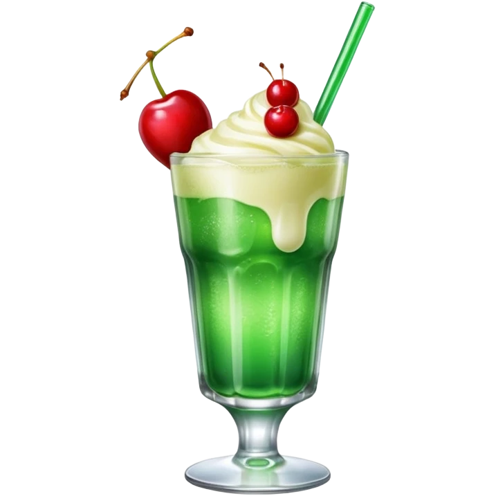 Create an emoji with a clear rounded glass, bright transparent green soda with fine bubbles, a smooth vanilla scoop circle shape, a glossy red cherry, using vibrant colors, soft shading, and clear glass highlights.
 emoji