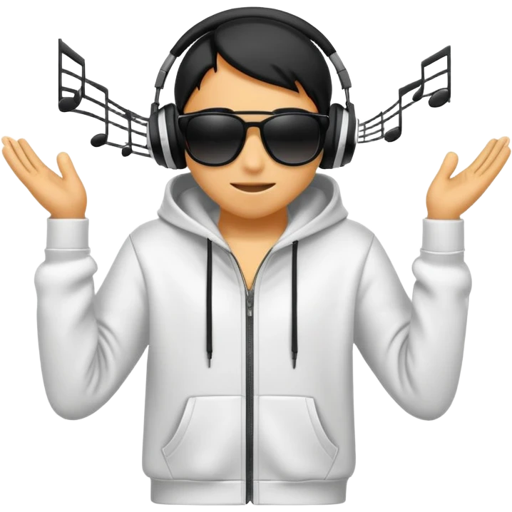a hoodie with sunglasses and headphones with dancing motion lines emoji