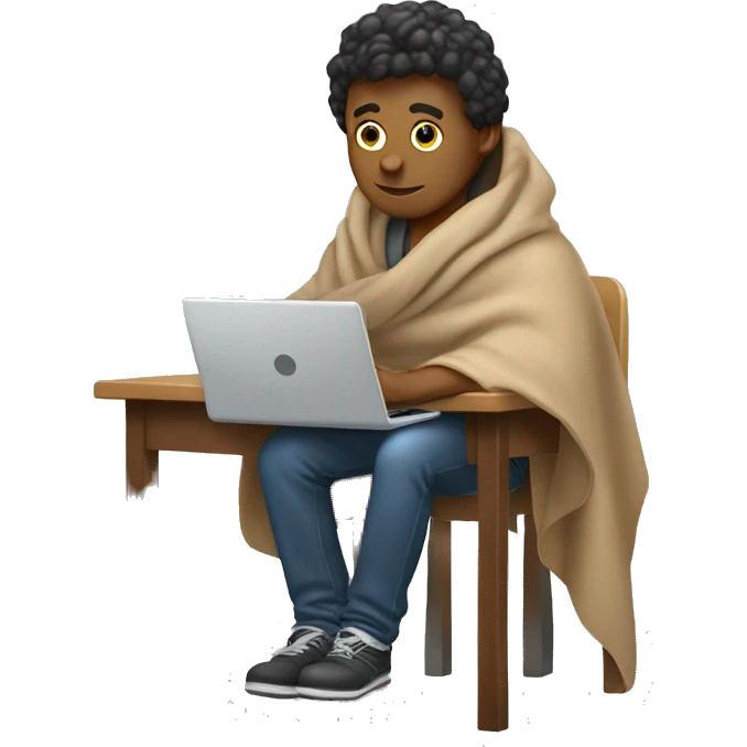 male sitting at a school desk with a big blanket wrapped around shoulders working on chromebook emoji