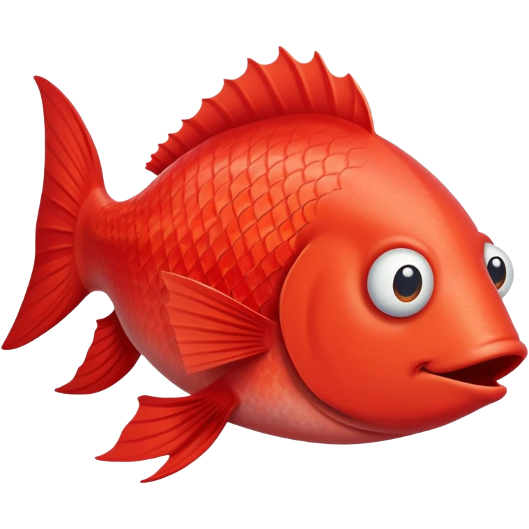 extremely derpy red fish with bulging eye and goofy buck teeth, perfect flat side profile facing right, exactly 90 degrees, completely 2D like a paper cutout, only one eye visible, absolute side view emoji