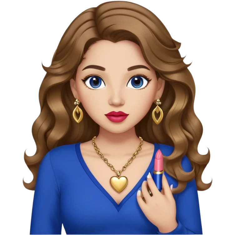 Light skinned girl, long wavy brown hair center-part with face framing pieces, big hazel eyes, gold heart necklace and earrings, royal blue long sleeve top, prominent blush, sassy, big lips, fancy long acrylic nails done, holding lipstick. She is curvy emoji