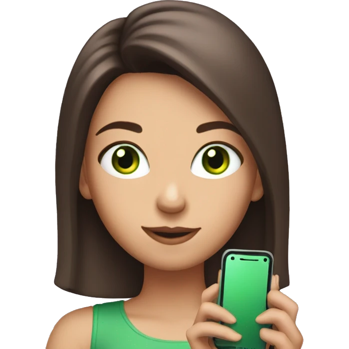 Brunette girl with a pink lock of hair, with green eyes, holding a phone emoji