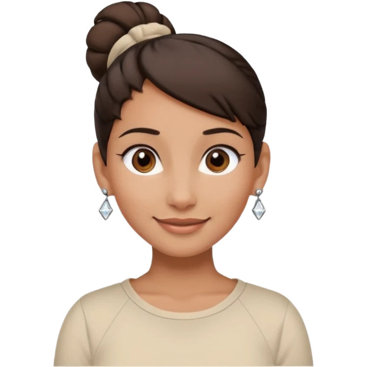 generate a pretty bratz girl with dark brown eyes. Dark brown hair tied in a single bun, tight beige shirt with top shirt open. diamond studs in ears. airpods in ear emoji