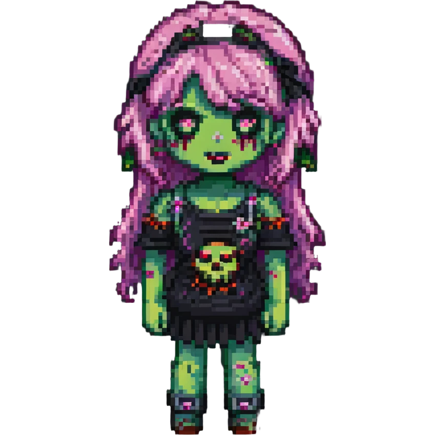 full body girl zombie with pink hair and bangs, pixel art style emoji