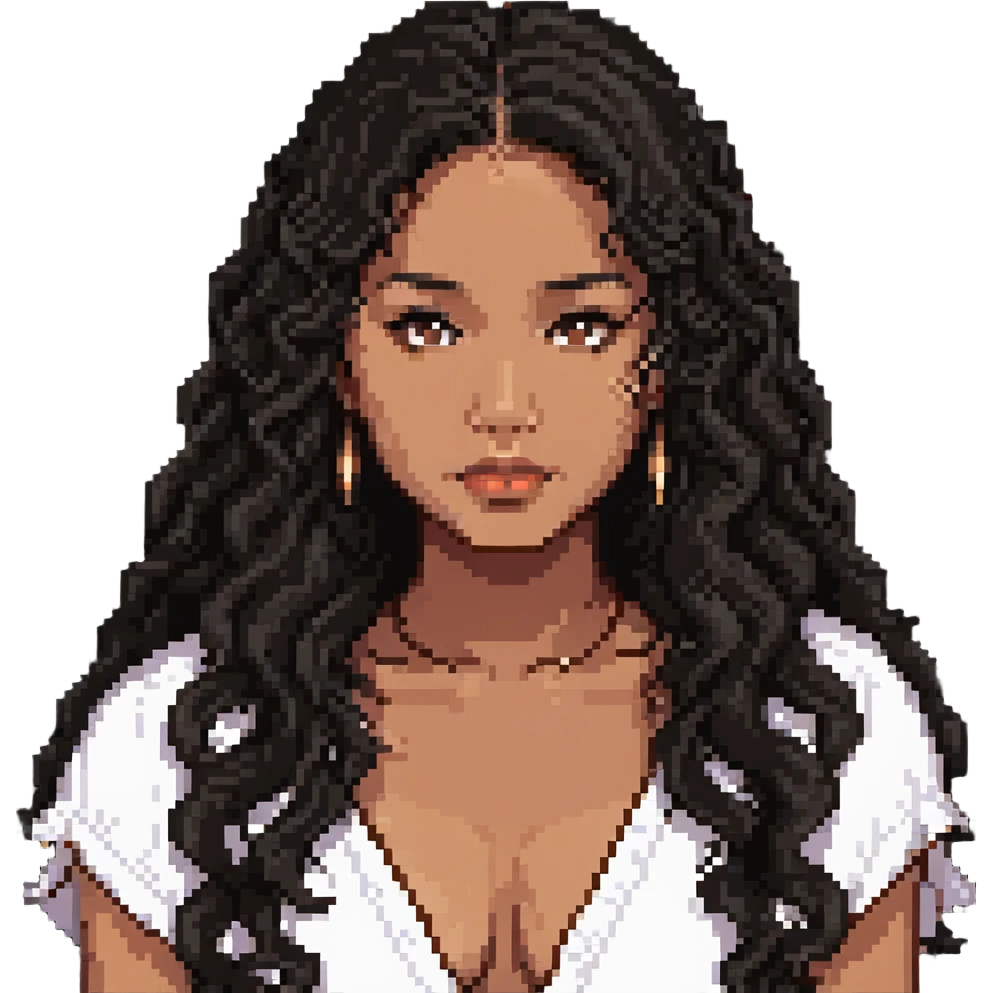 Samoan girl with slight Chinese features, black wavy hair, brown skin emoji
