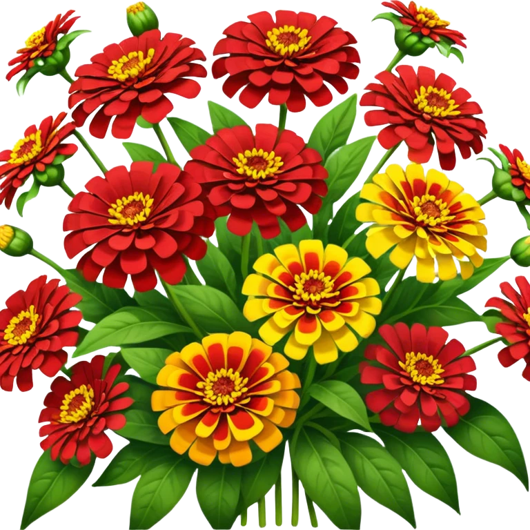 big bouquet red Yellow Zinnia, luxuriant, stem, leaf emoji