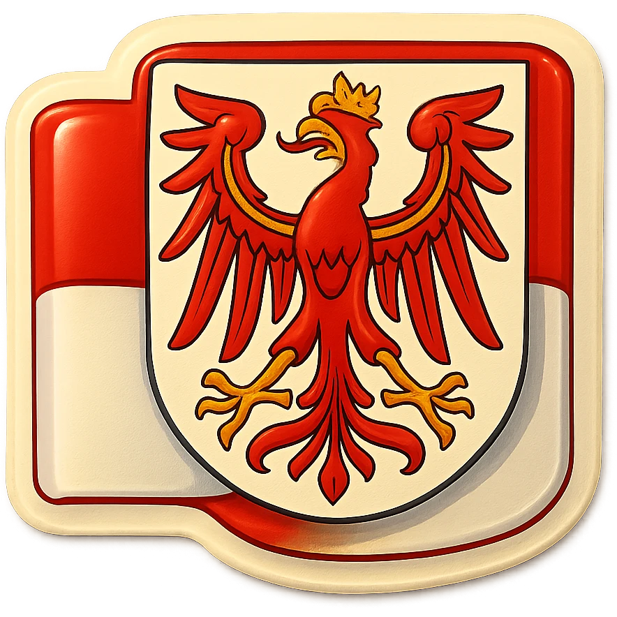 Create an emoji of the Brandenburg coat of arms featuring the red eagle and crown, styled less cartoonish and faithful to the official design. Use the official Brandenburg flag as the full background. Maintain the same retro stickers style as the Berlin, Baden-Württemberg, and Bayern icons. No text included. emoji