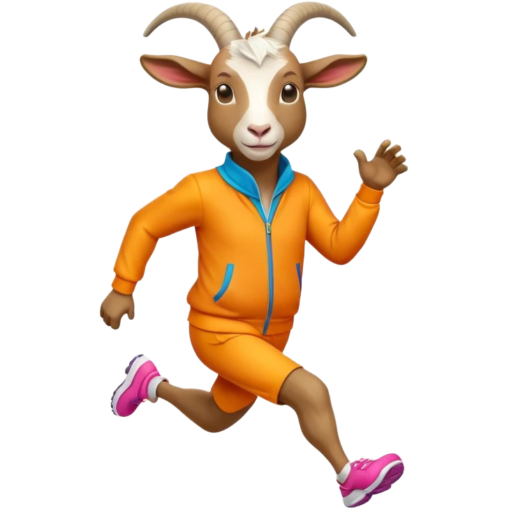 friendly anthropomorphised goat jogging upright in a colourful suit, relaxed pose emoji