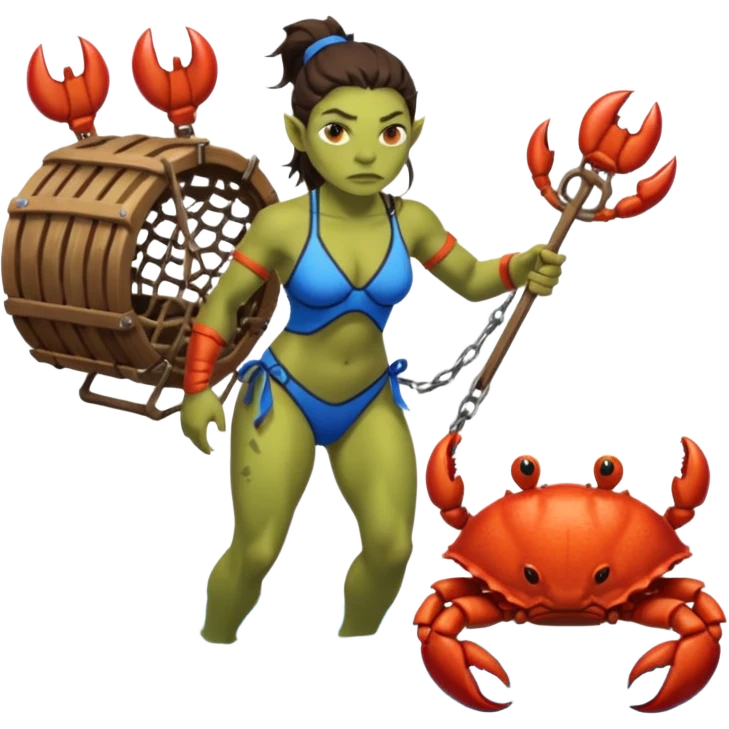 orc female Swimsuit with armored pauldrons, dragging a comically large crab trap emoji