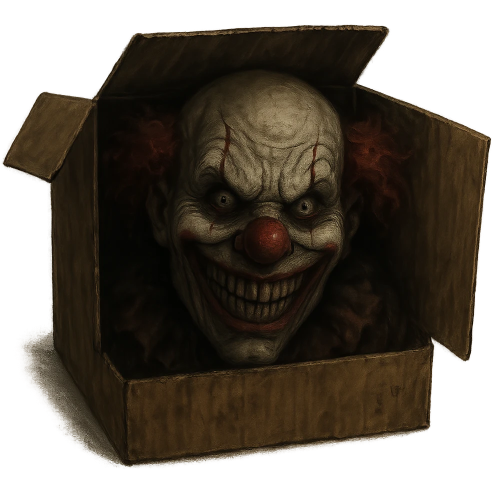 disturbing clown face visible from inside a shipping box, unsettling smile, horror style emoji
