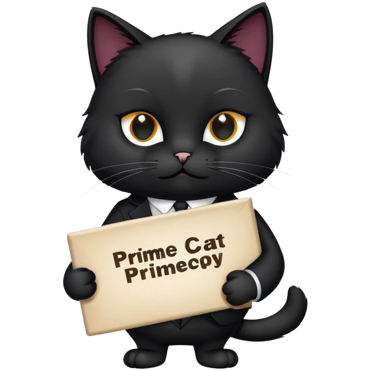 A black cat in a black business suit holds a sign that says "PrimeCopy" emoji