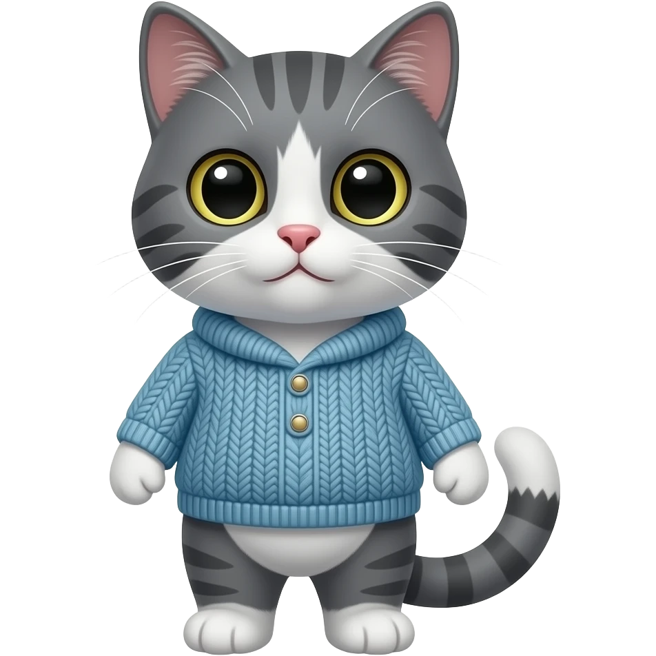 cute grey cat wearing sweater,  front facing emoji