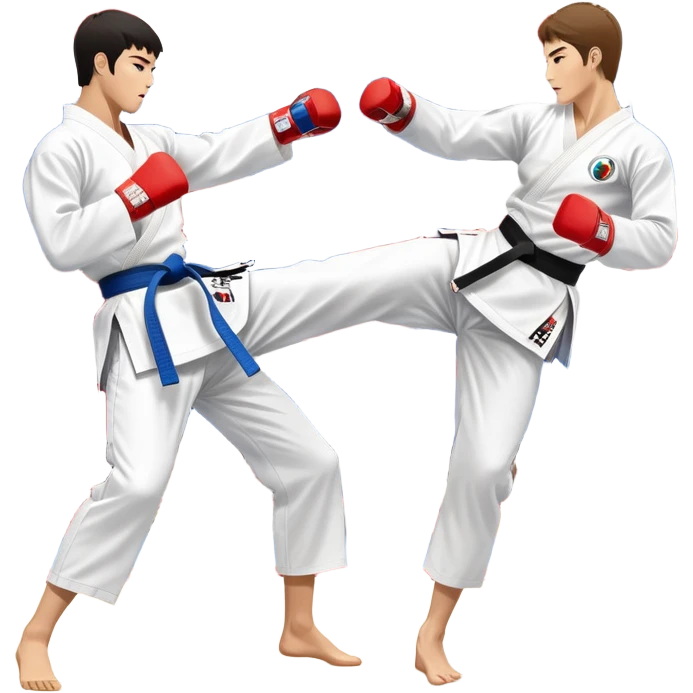 Two taekwondo fighters in a competition arena, one performing a high spinning kick towards the opponent’s head, while the other blocks with a precise guard. The background features a dynamic, bright arena with flags, emphasizing speed and agility in the martial art. Transparent background  emoji