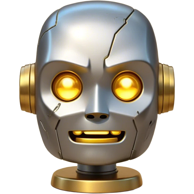 Cinematic Cute Mighty Iron Golem Portrait Emoji Head tilted playfully and inquisitively, featuring a sleek yet sturdy metal form with smooth, polished steel plating and glowing golden engravings, accented by faintly humming energy veins that pulse with life; rendered with lifelike clarity and soft, natural reflections, high shine, charming yet robust, styled with a touch of whimsical fantasy, soft glowing outline, capturing the essence of a watchful yet endearing golem, as if it might shift its massive head with a slow, thoughtful nod at any moment! emoji