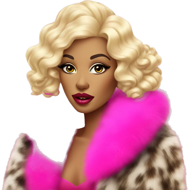glamorous brightly made-up blonde in a fur coat with long pink nails and big lips emoji