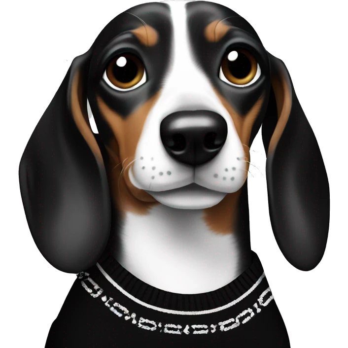 Dachshund wearing black and white Sweater with chanel logo  emoji