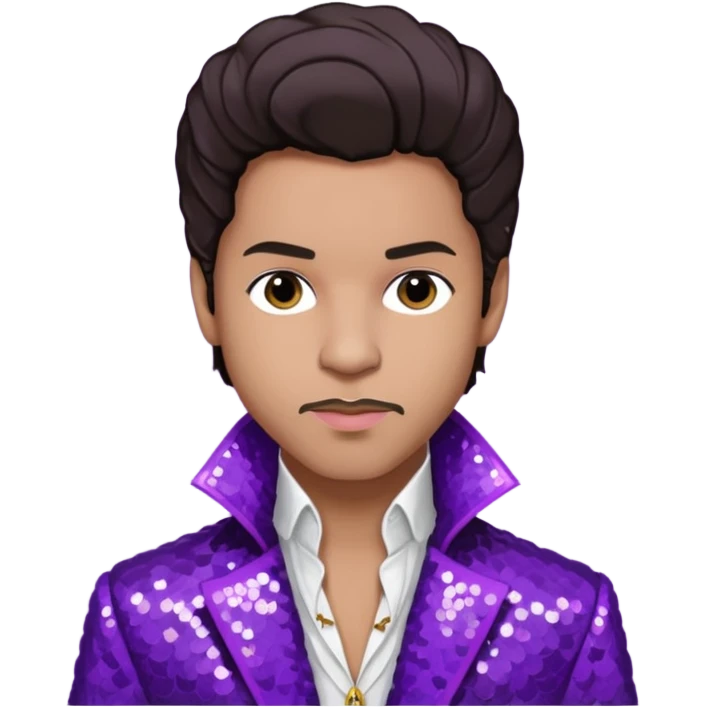 Prince Rogers Nelson with dark brown hair, purple sequin jacket, white shirt emoji
