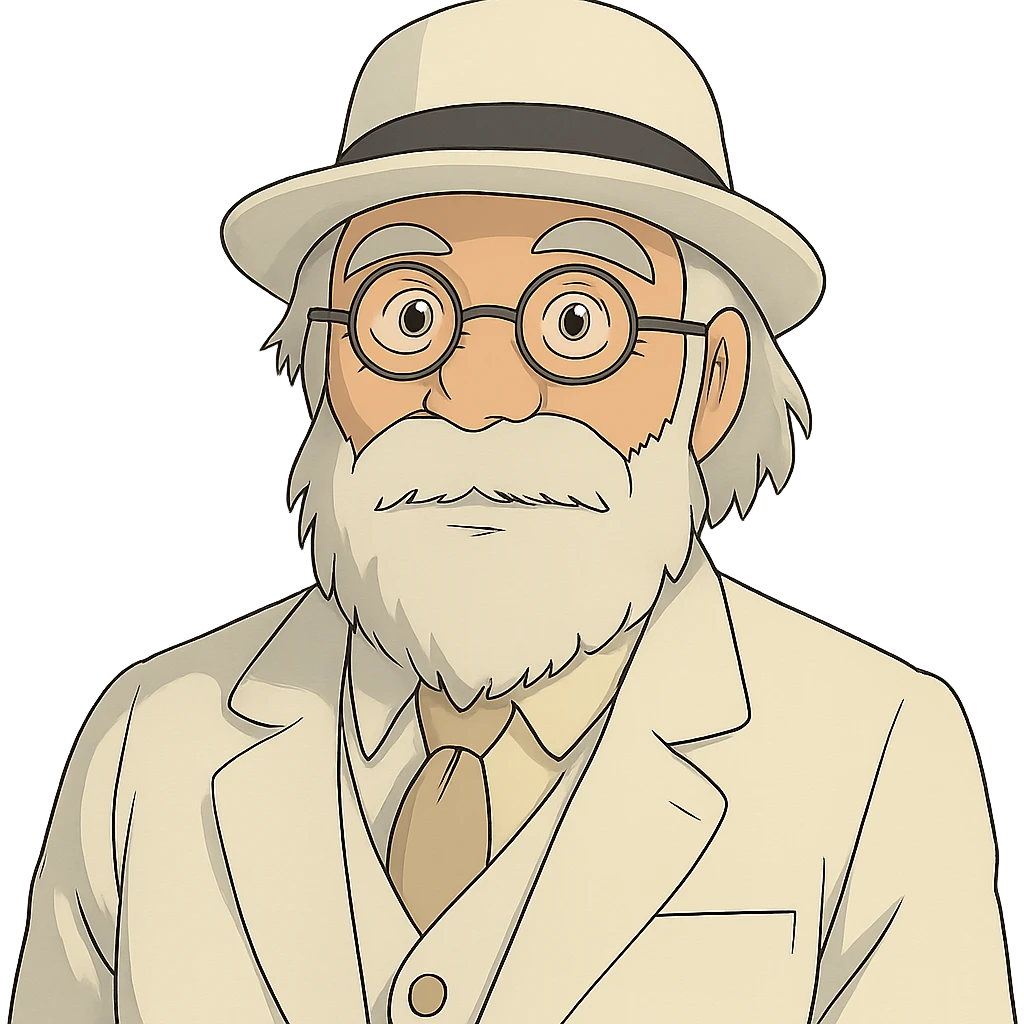 old man with a white hat, slightly long white beard, white moustache, round glasses, white suit, white longish hair, ghibli style emoji
