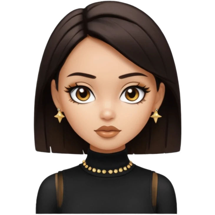 generate a pretty bratz girl in black cami top, dark brown straight short hair, eyeliner on. dark brown eyes. Wearing sleeveless white turtleneck, gold stud earrings emoji