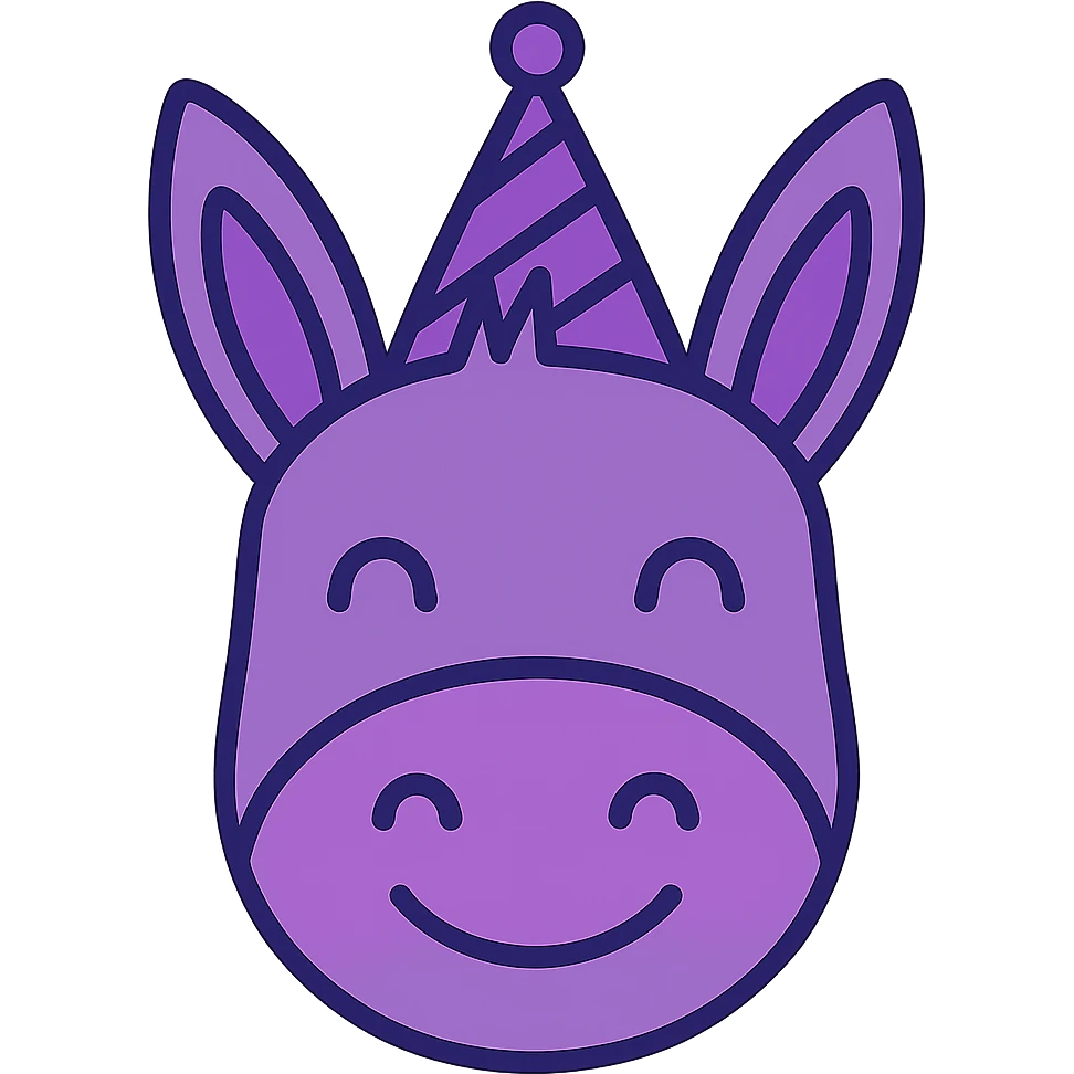 Add a colorful party hat with purple tones to the happy donkey head icon, in color outline style, with no background. emoji