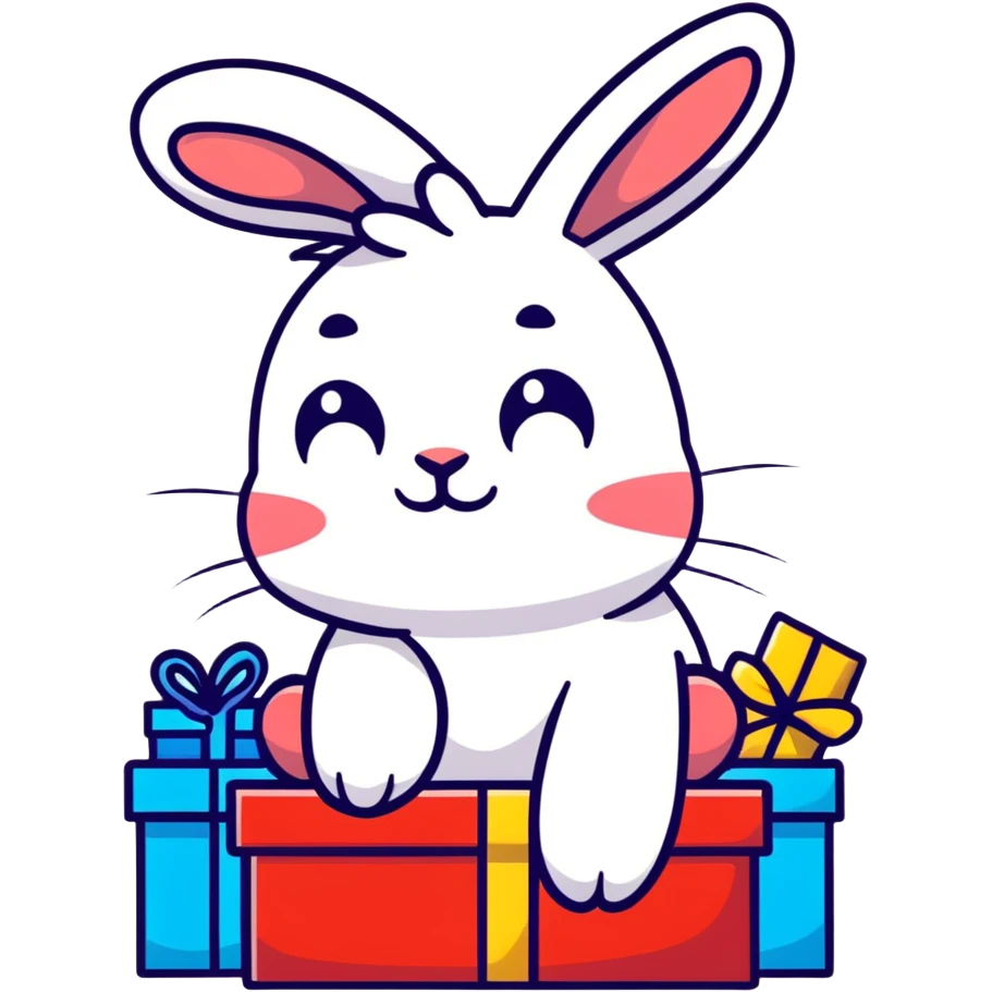 bunny lying on birthday gifts, sleepy and happy smile eyes emoji