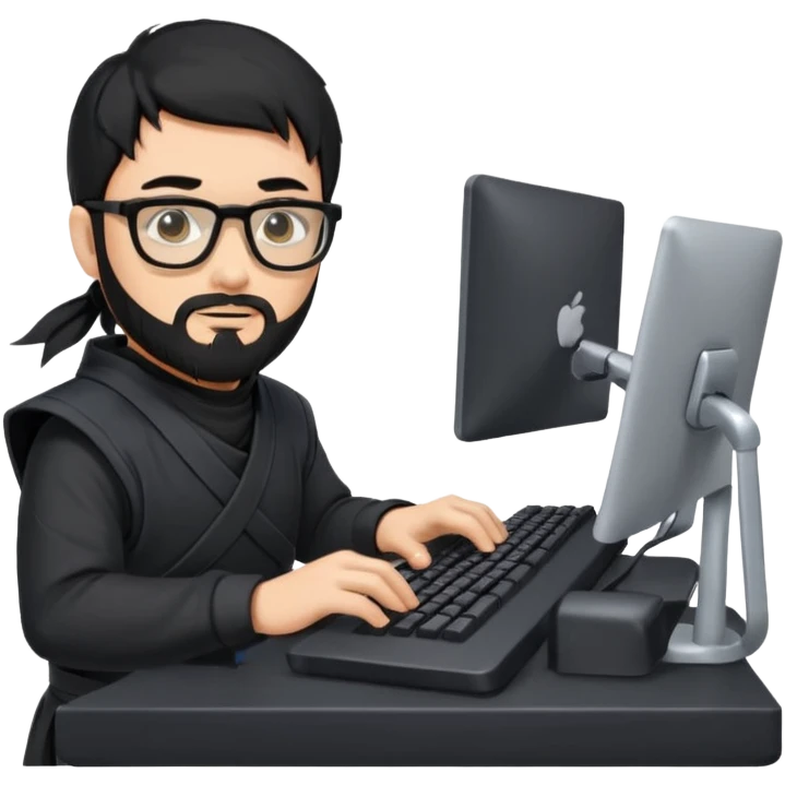Man with black hair and beard wearing glasses in a ninja costume typing on a computer keyboard emoji