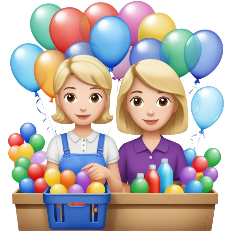 Pta lady holding lots of random items at a stall surrounded by balloons and bubbles emoji