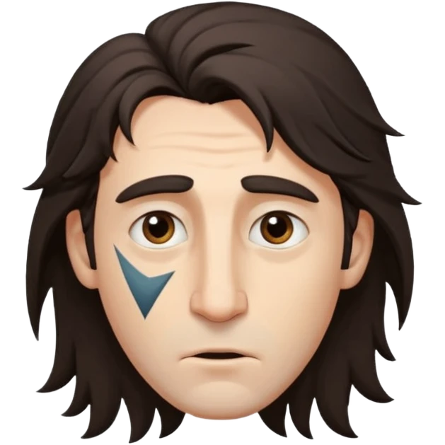 Handsome white man with big brown eyes long nose and dark brown messy hair cover his forhead and hair coming in eyes triangle facecut emoji