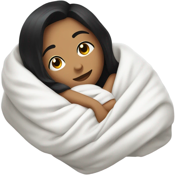 Woman with black hair  laying down cozy in a white blanket  emoji