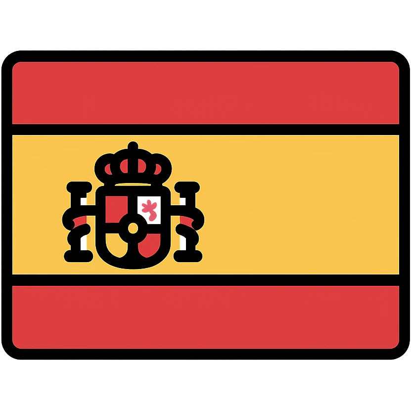 Spanish flag, simple and bold, rectangular shape, red and yellow horizontal stripes, central coat of arms, icon style emoji