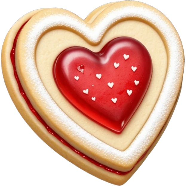 Realistic shortbread cookie in the shape of a heart with red jelly middle filling and sprinkled powder sugar on top. emoji