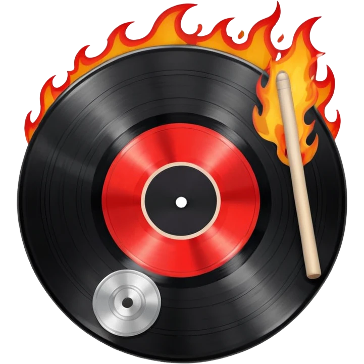 a black vinyl record white stick  with red outlin and flames  emoji