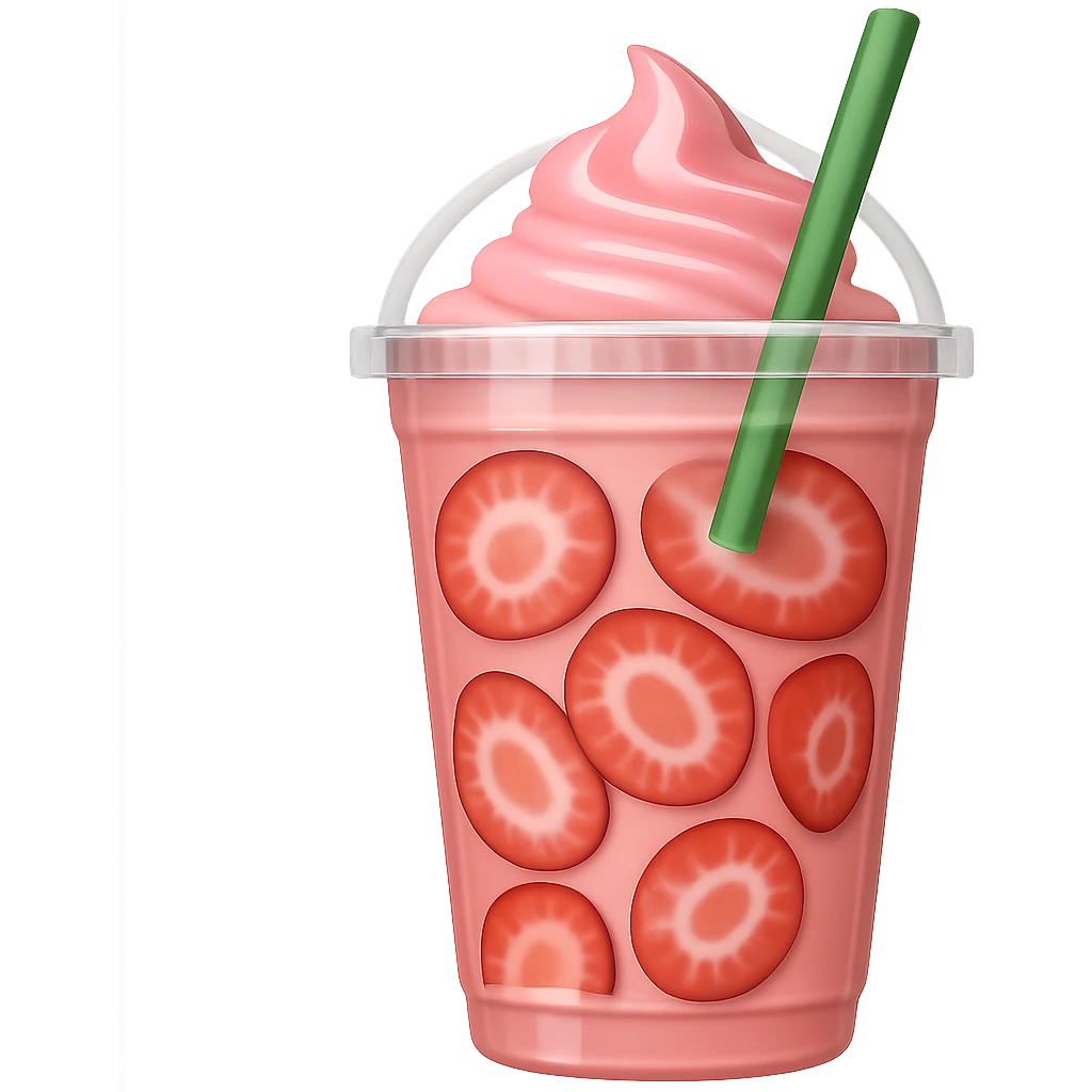 Show the strawberries inside the drink as thinly sliced pieces, keep the light pink Starbucks drink in a clear cup with green straw, in emoji style with no background. emoji