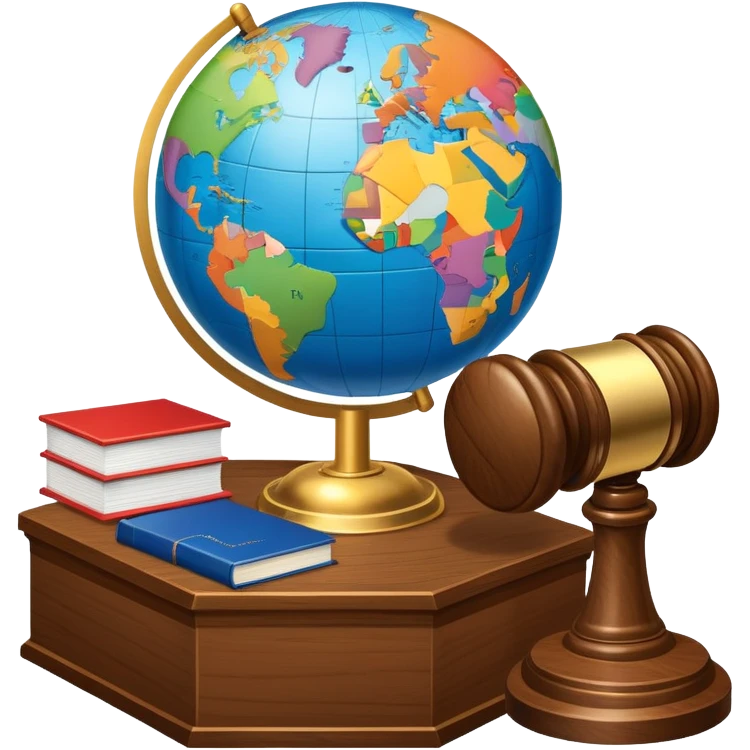 An icon featuring a globe with a gavel and a political map, symbolizing political science. The design includes a ballot box and a podium, representing democracy and governance. Transparent background highlights the study of political systems and global relations. emoji