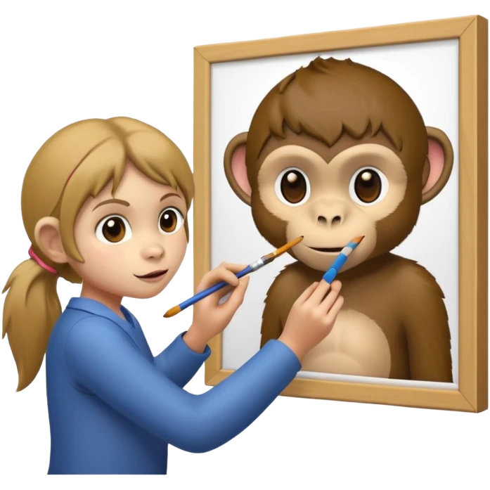 Monkey with human girl look is painting monkey picture on the wall emoji
