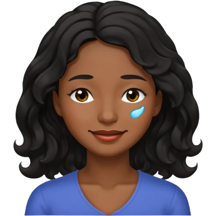 Happy face with tears,  dark brown skin color black women wavy hair shoulder length, eyes slightly closed emoji