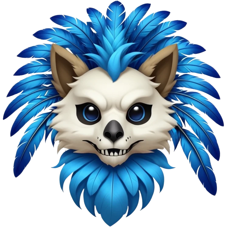 Furry Fakémon-Pokémon-animal-creature with a skull mask, and a feather-mane-collar, and blue feathers emoji