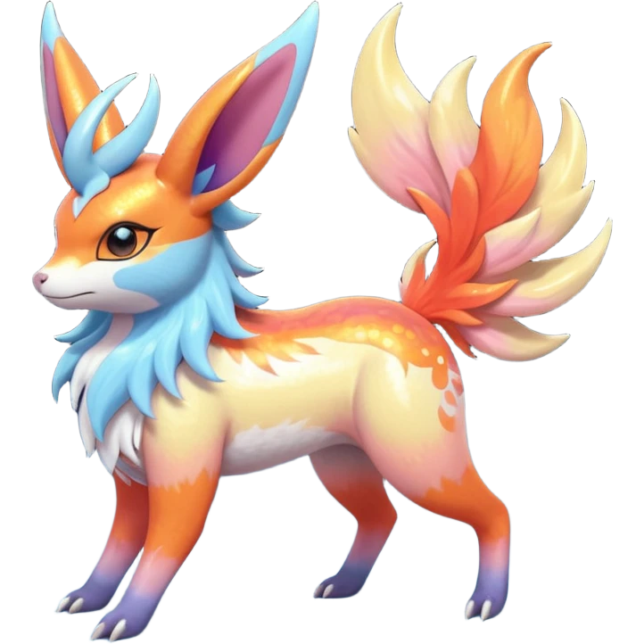  Shiny realistic cool beautiful iridescent light warmly colored reddish-orange-gold-gradients neon vibrant colorful pastel flourishing flurry fuzzy Nargacuga-Palkia-Sylveon-Meloetta-Noibat-fusion-animal-Fakémon-hybrid-creature, by griffsnuff emoji
