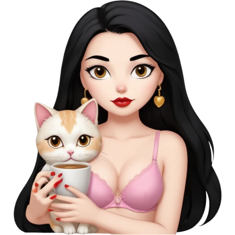 Beautiful Girl Long Hair black, Brows Big , Skin White, bra Pale Pink , Big Red Lips, EyesCoffe , kiss Little baby Persa Cream Cat With Cute Eyes emoji