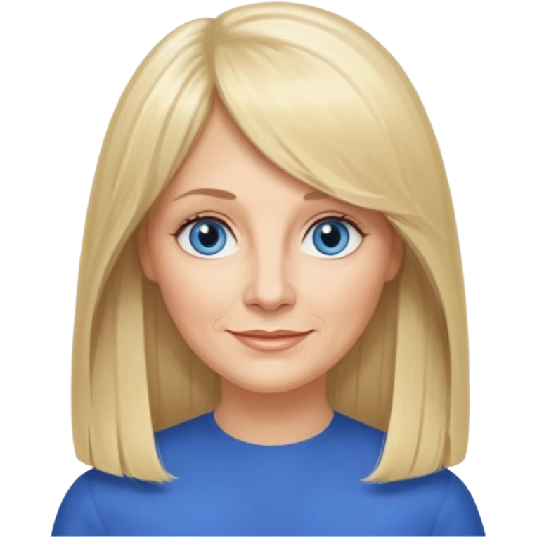 50 yr old white woman, curtain bangs, very long straight blond hair, oval face, small smile, blue eyes, thin face, hair downback, middle part round cheeks, pale, longer hair emoji