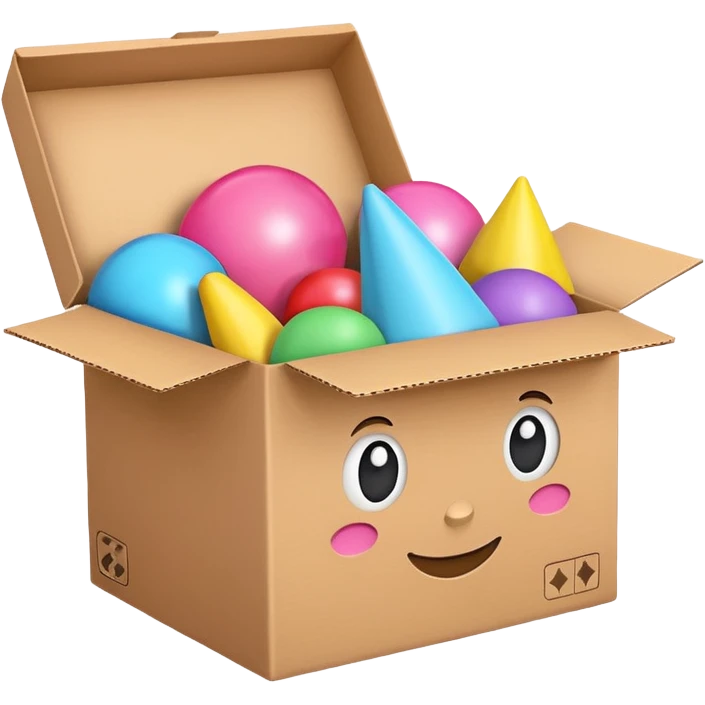 cardboard box with toys, pink emoji