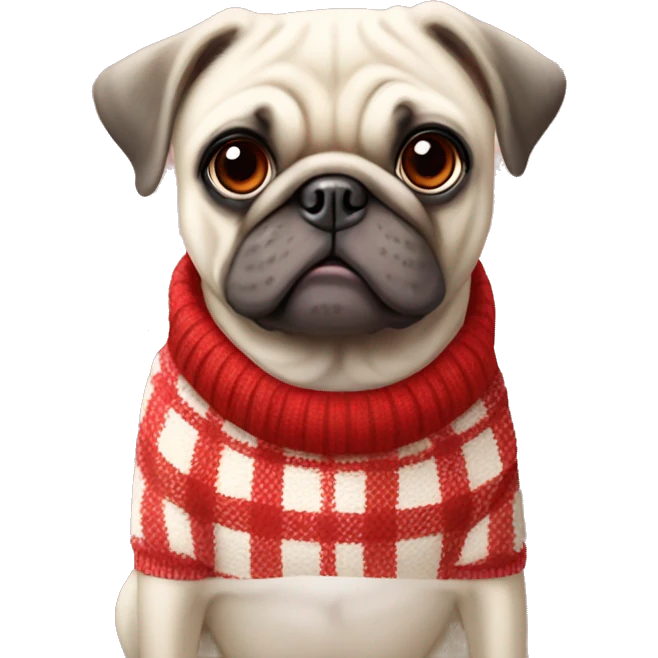 full white pug wearing a red and white checkered sweater emoji