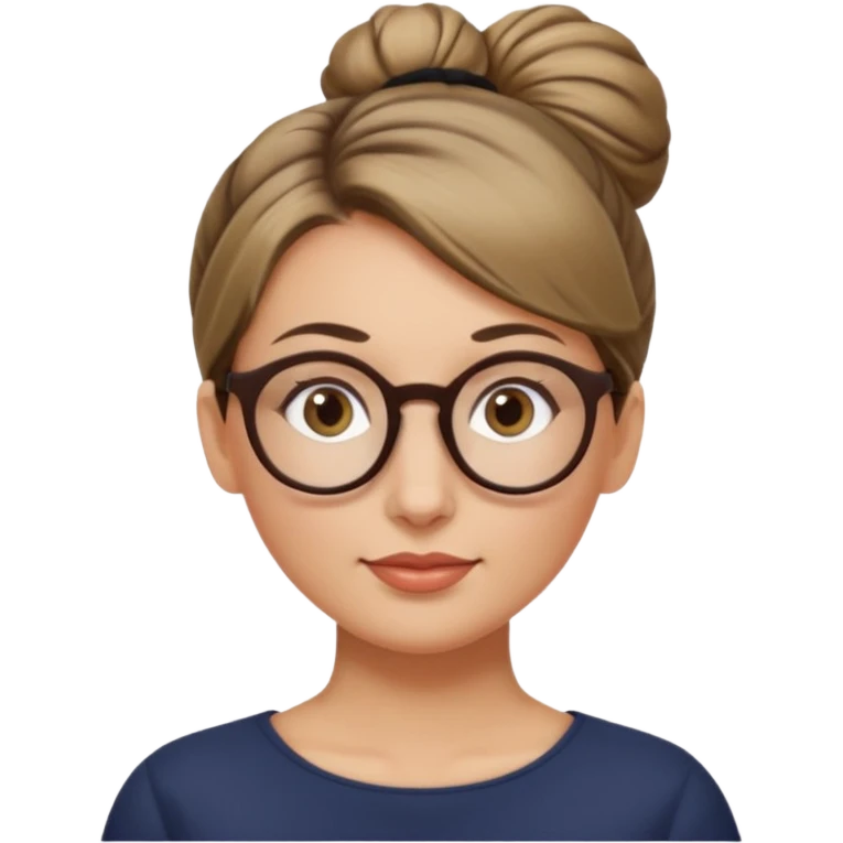 femme de 38 ans avec des cheveux blond foncé sans mèche devant, un chignon haut, yeux bruns, lunettes rondes emoji