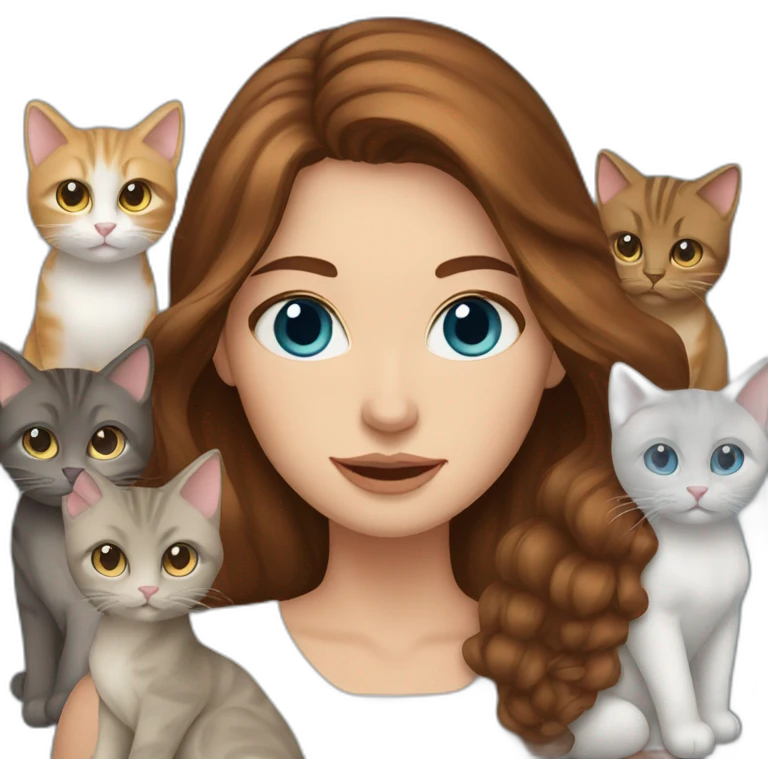 Woman with brown hair and blue eyes hold a five cats emoji