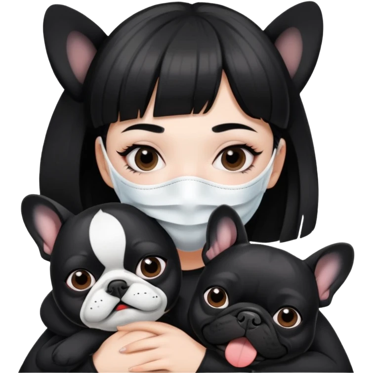girl with short black straight bangs hair wearing a white mask and hugging one black French bulldoge  emoji