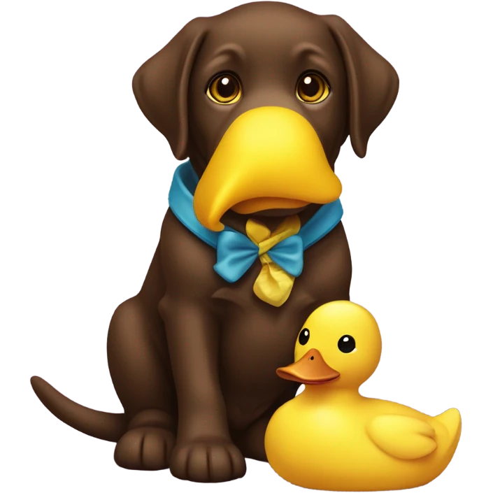 Chocolate lab puppy with big yellow duck plush toy in mouth emoji