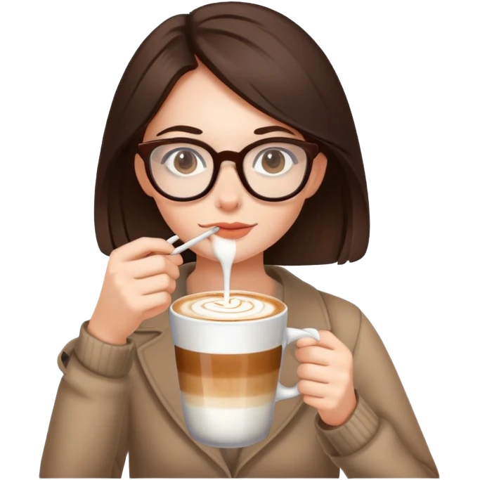 a brunette girl with thin glasses drinking cappuccino  emoji