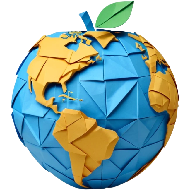 3D render of Papier-Mâché Globe made entirely of folded origami paper, sharp creases, cardboard texture, matte finish, visible paper grain, craft aesthetic, Apple emoji style, isolated on white background --v 6.0 emoji