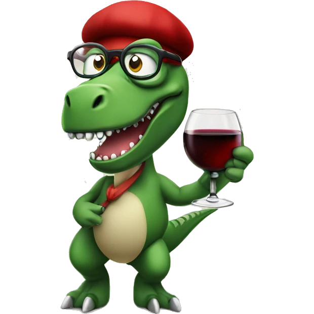 Angry Green Trex wearing red beret and eyeglasses holding red wineglass  emoji